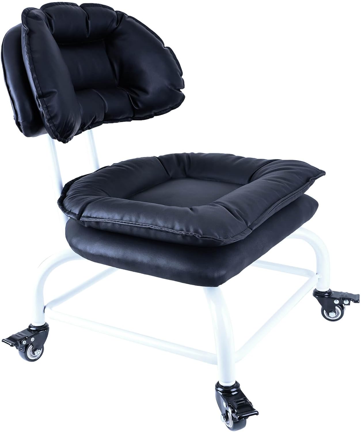 Rolling Stool Wide Seat with Back Rolling Chair 4 Wheels with Brakes for Home Office Garage Shop Waterproof Roller Seat Durable Steel Stand Black