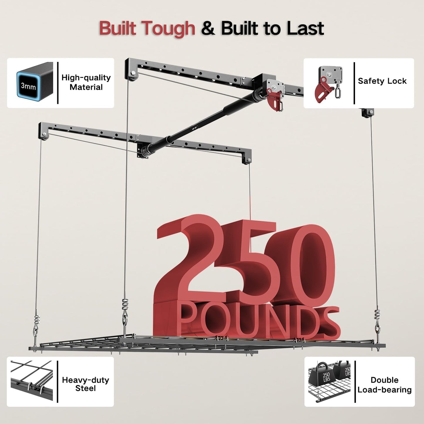 Overhead Garage Storage Lift, Adjustable Heavy-duty 4x4 Ft Ceiling Racks with Safety Lock, Ideal for Storage Lifting Organization System, 250lbs Capacity (Standard Edition)