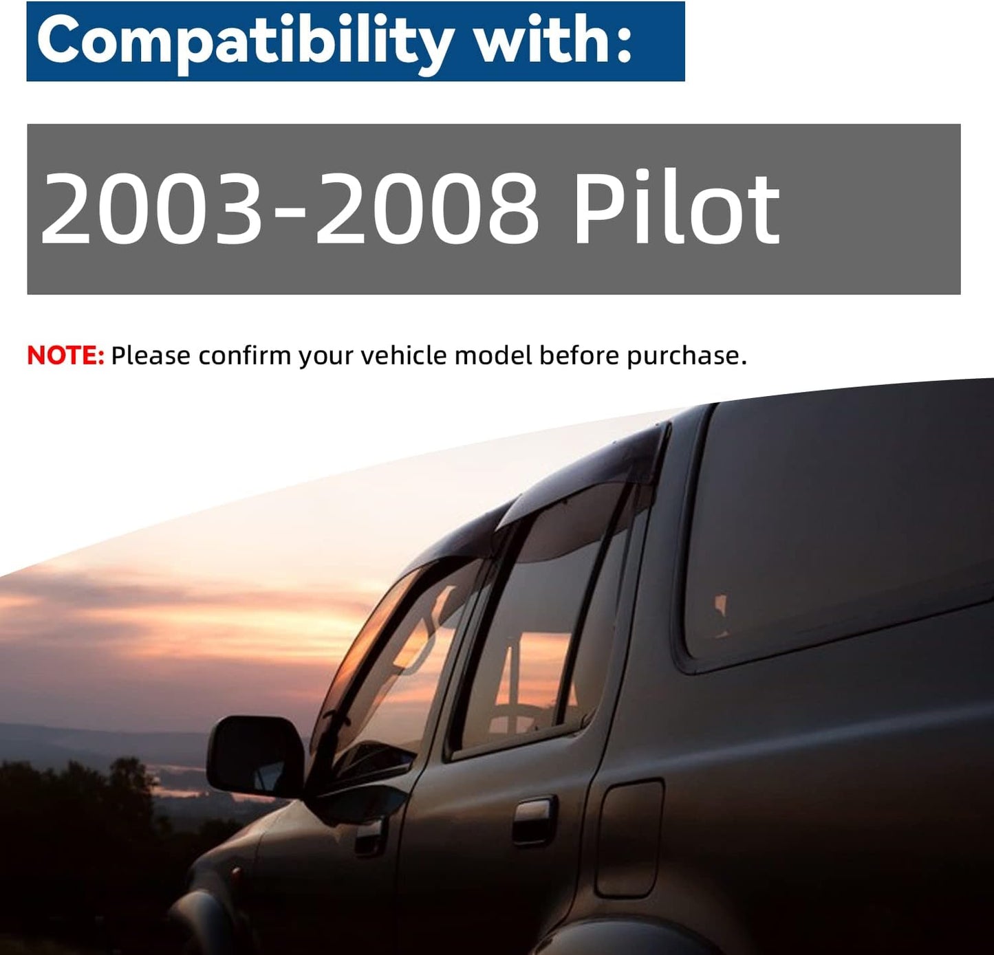 Set of 4 Front+Rear Smoke Sun/Rain Guard Outside Mount Tape-On Acrylic Window Visors Compatible with 03-08 Pilot