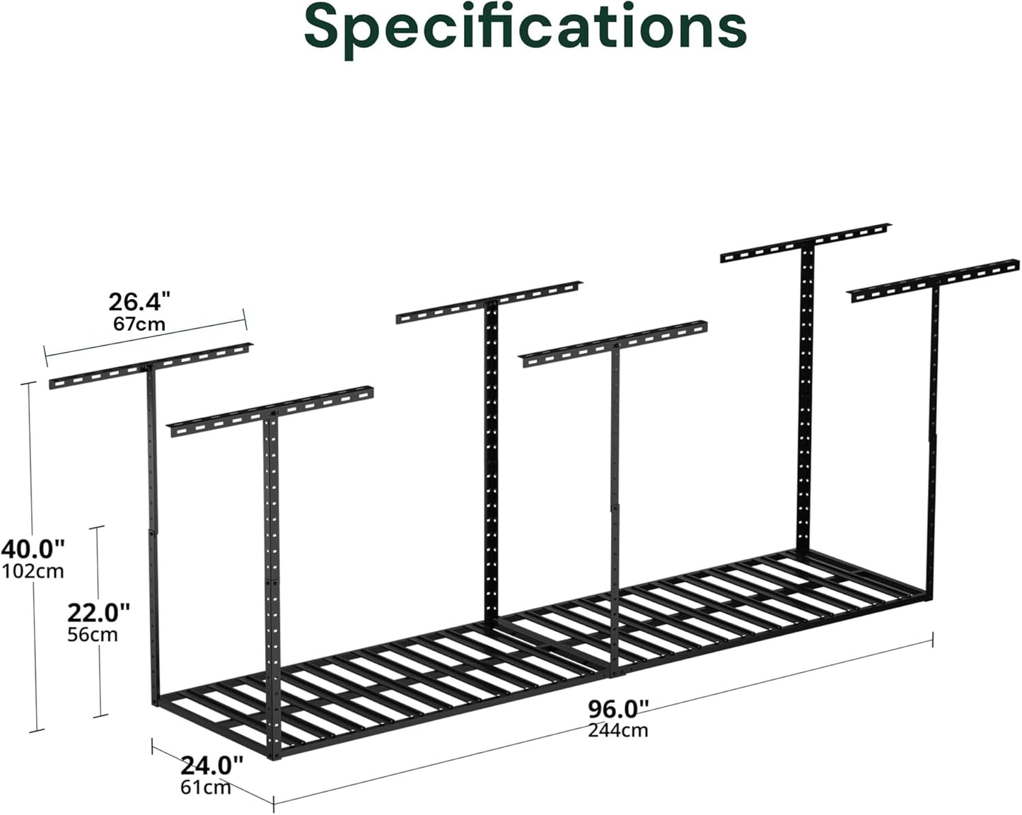 SunsGrove 2x8 Garage Storage Overhead Rack Organization, Adjustable Ceiling Mounted Storage Racks, 800LBS Weight Capacity, 22"-40" Ceiling Dropdown, Black