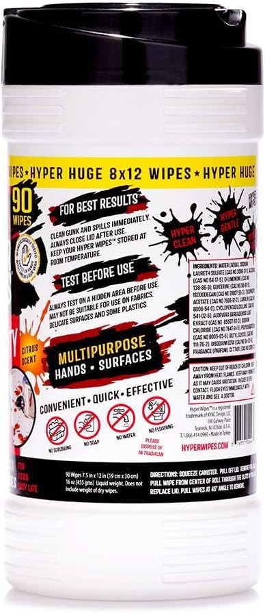 Hyper Wipes, 1 Pack Heavy Duty Hand & Tool Cleaning Wipes, 8"x12" Size Multi-Surface Cleaning Wipes, Degreasing, All Purpose Cleaner, Bathroom, Mechanic, Work Surface Wipes, 90 Count Canister