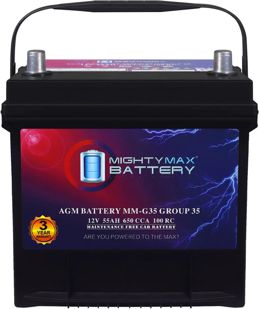 Mighty Max Battery MM-G35 Start and Stop Car BCI Group Size 35 12V 55Ah, 100RC, 650 CCA Rechargeable AGM Car Battery