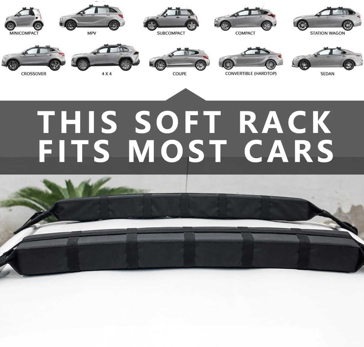 Kayak Roof Rack Pads Universal Car Soft Roof Rack for Canoe/Surfboard/Paddle Board/SUP/Snow Board with Adjustable & Steady Tie-Down Straps and Storage Bag (Dark Black)