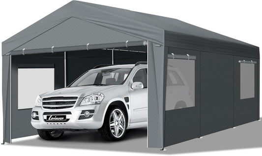 VINGLI 12x20 Carport Canopy Portable Garage with Roll-up Windows & Removable Sidewalls, Car Canopy Heavy Duty Car Tent for SUV, Boats, RVs, Trucks (with Sidewalls)