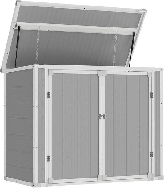 Amopatio 41 Cu Ft Horizontal Outdoor Storage Shed, Resin Trash Can Storage,Resin Shed for Garden Tools, Lawn Mowers, Garbage Cans, Patio Use, Grey