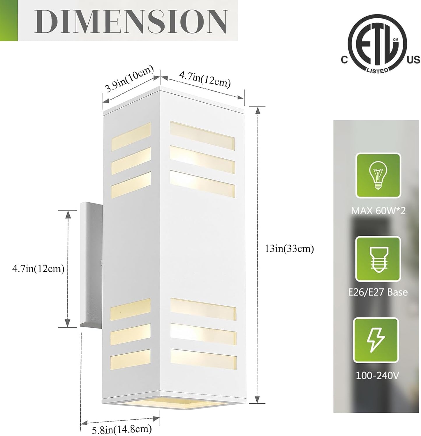 harriet Porch Lights Outdoor Modern - IP64 Waterproof Aluminum and Tempered Glass Cover, 13" Rectangular Up/Down Wall Sconce for Porch, Garage & Patio, Exterior Lighting, White, 2 Pack