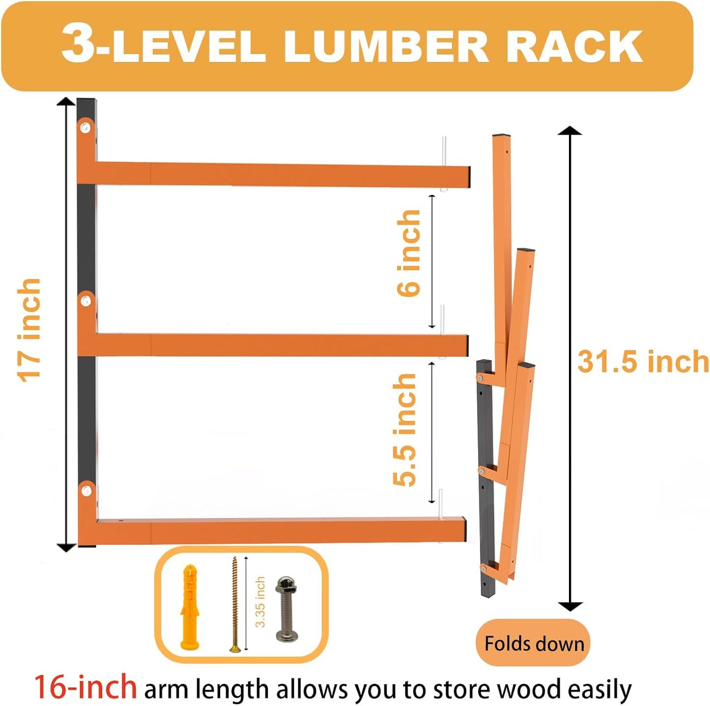 Lumber Rack Wall Mount, Heavy Duty Wood Storage Racks, 3-Level System Garage Shelving, 380 Lbs Capacity Organizer Shelves, Folding Orange Brackets, 2 Pack Hanging Metal Shelf for Indoor and Outdoor