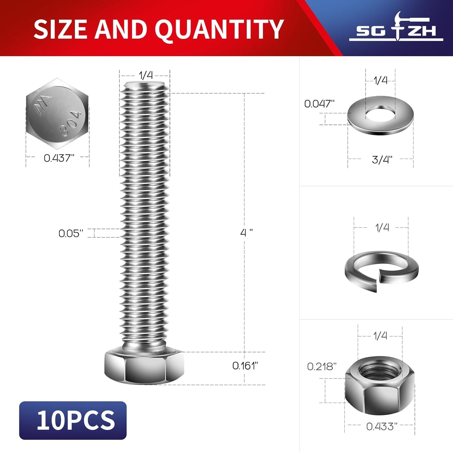 1/4-20 x 4" Hex Head Screw Bolt, Nuts, Flat & Lock Washers, 10Pcs 18-8 (304) Stainless Steel, Fully Threaded, by SG TZH
