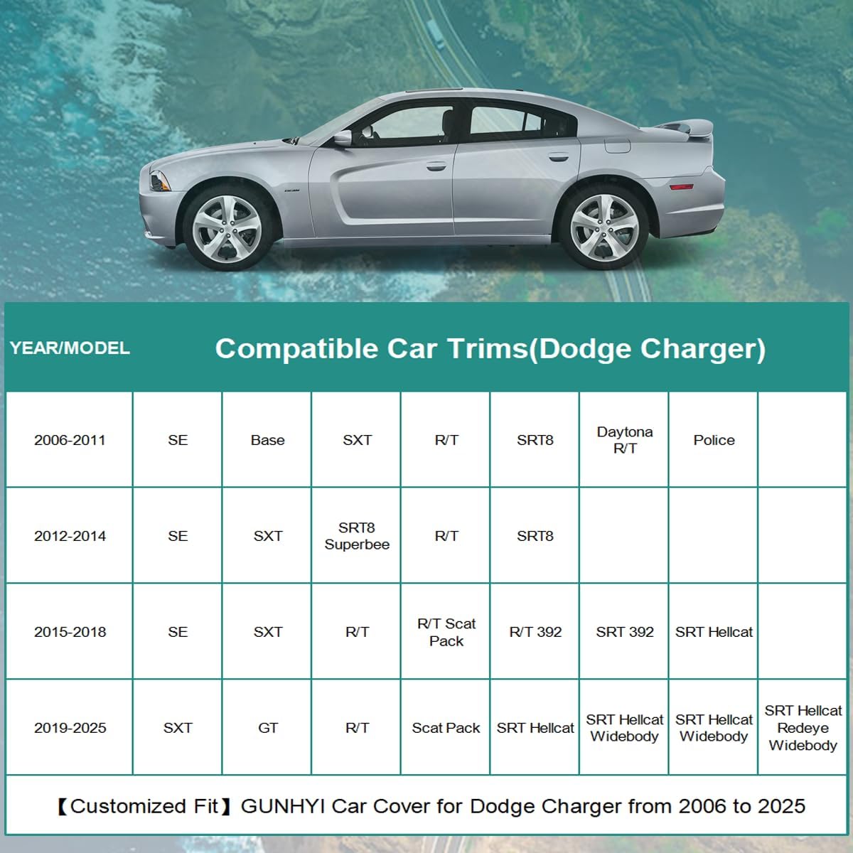 Premium Car Cover Custom Fit Dodge Charger (2006-2025), 16 Layers Heavy Duty Car Cover Waterproof All Weather with Zipper Door for Sun Rain Snow Dust Uv Protection