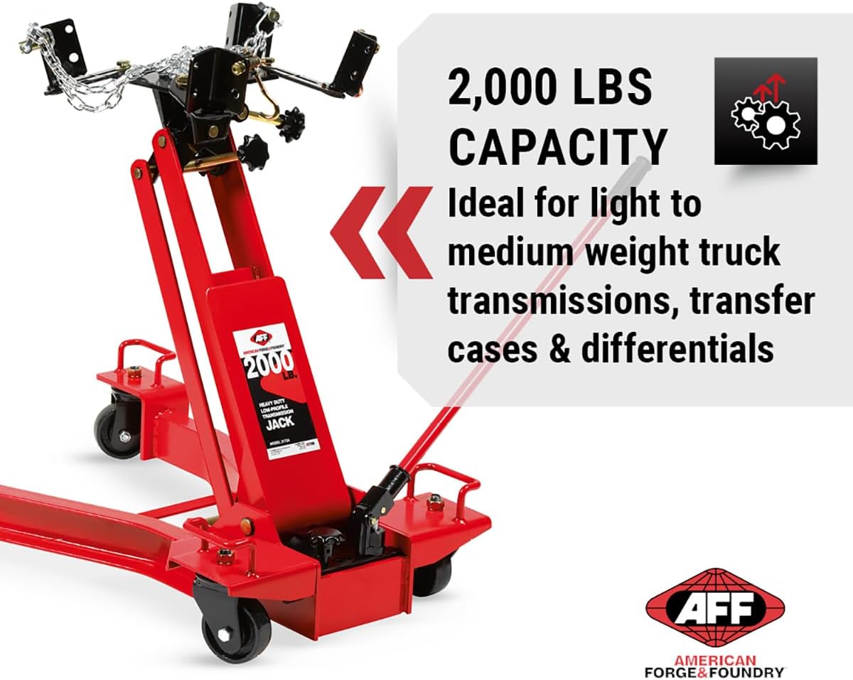 AFF Low Profile Manual Hydraulic Transmission Jack - Heavy Duty Steel Body, Adjustable Saddle with Safety Chain & 360 Handle - for Transmissions, Transfer Cases & Differentials (Multiple Capacities)