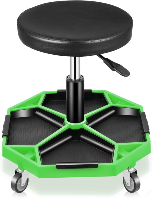 Auto Dynasty Mechanic Stool, Adjustable Rolling Pneumatic Creeper Garage Shop Seat with Tool Tray, 300 LBS Roller Seat for Workshop Auto Repair, Adjustable Height 15.7" to 21", Green