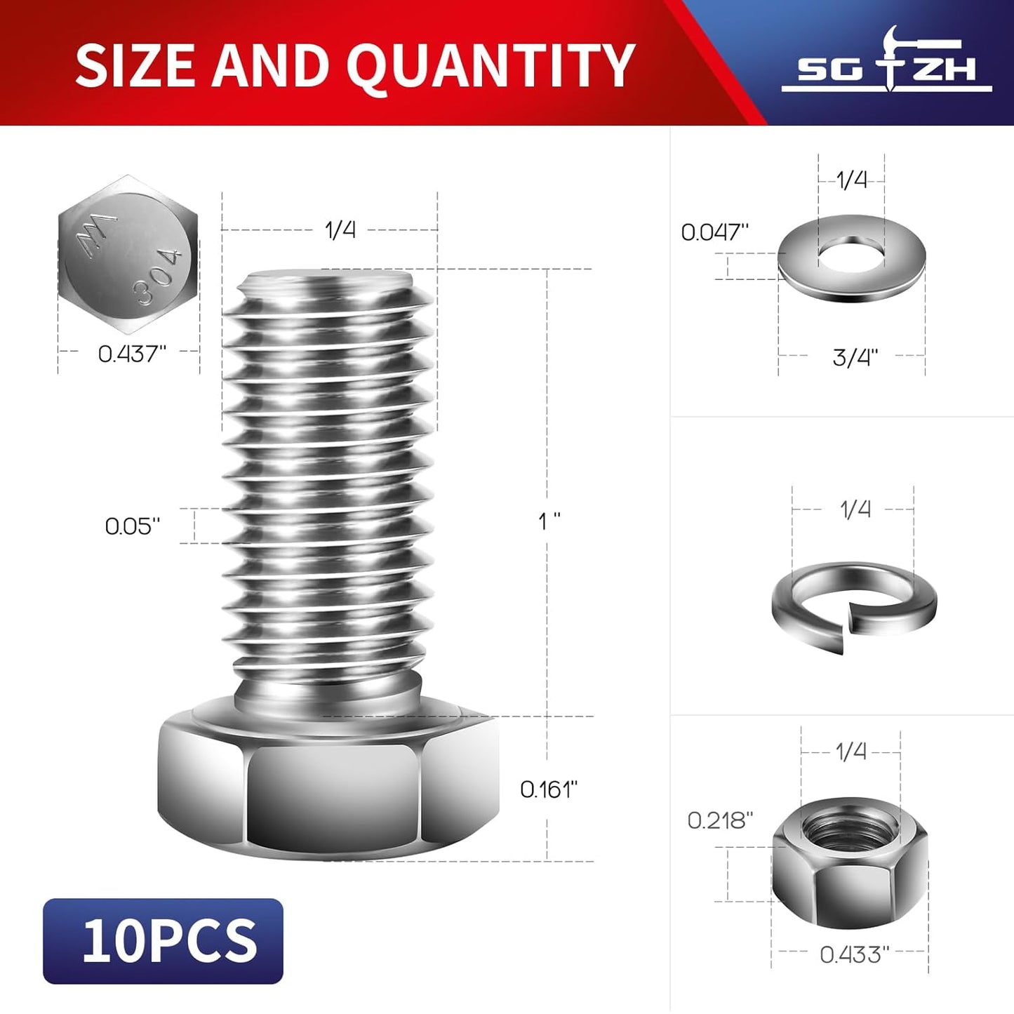 1/4-20 x 1" Hex Head Screw Bolt, Nuts, Flat & Lock Washers, 10Pcs 18-8 (304) Stainless Steel, Fully Threaded, by SG TZH