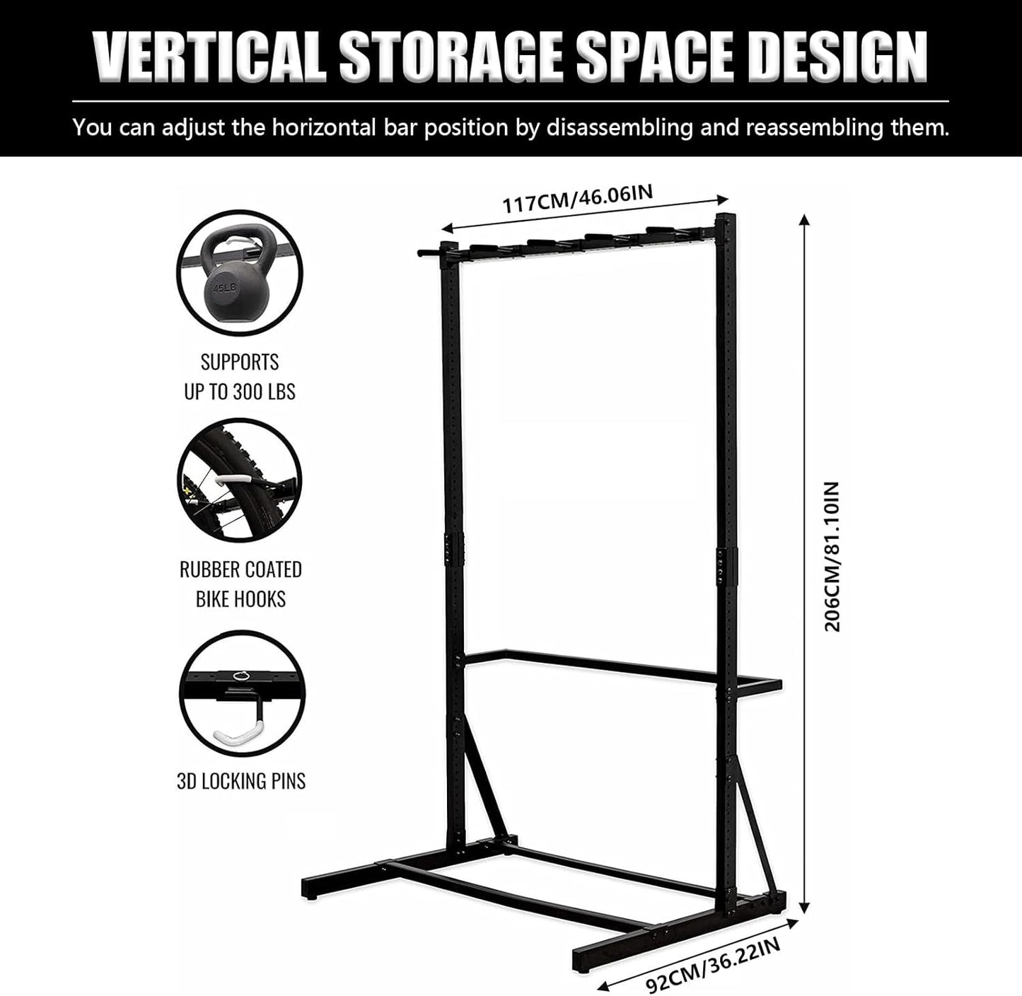Upright Bike Stand, 5-Bike Stand Rack, Indoor Bike Storage Standing Bike - Garage Organizer - Freestanding Bicycle Rack with 5 Hanging Hook - Vertical & Horizontal Hangersfor Home