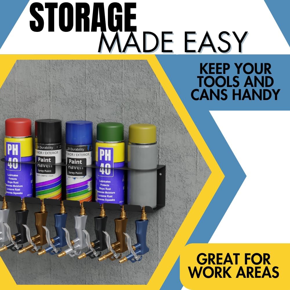 Koova Wall Mount Air Tool Holder with 5 Aerosol Can Storage - Durable Metal Construction - Made in USA - Includes Hardware for Garage & Workshop Organization