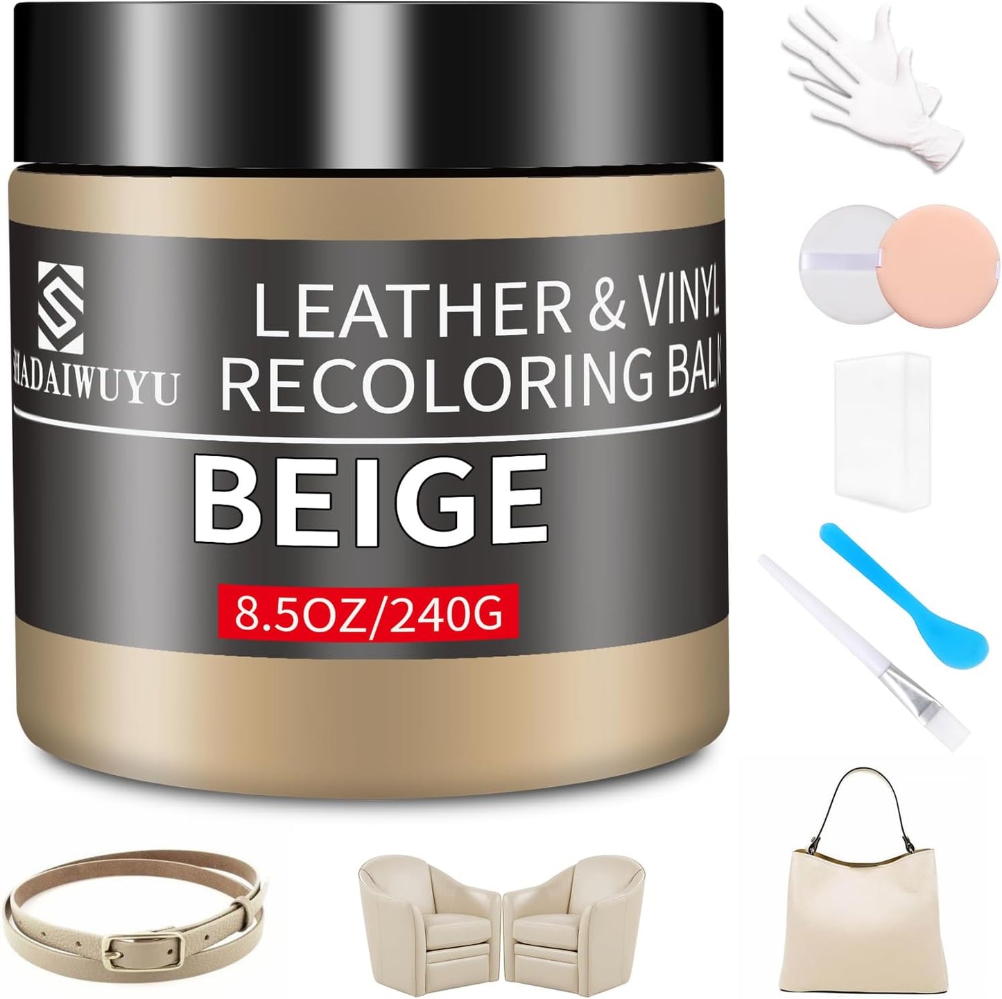 Leather Recoloring Balm,8.5oz Leather Color Restorer,Beige Leather Repair kit for Furniture and Car Interior,Leather Couch Scratch Repair,Leather Dye Paint for Faded,Cracked and Damaged Leather