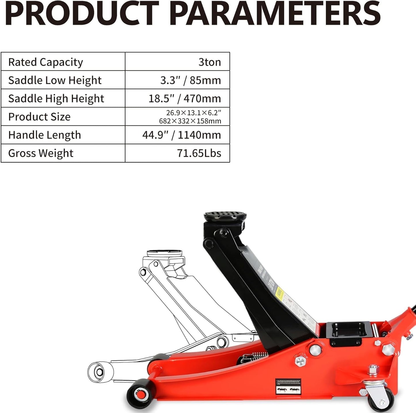 3 Ton Low Profile Floor Jack, Heavy Duty Floor Jack with Dual Pistons Quick Lift Pump, Steel Car Jack Adjustable Height 3.3"-18.5", Hydraulic Trolley Floor Jacks 3 Ton/6600 LB Capacity, Red