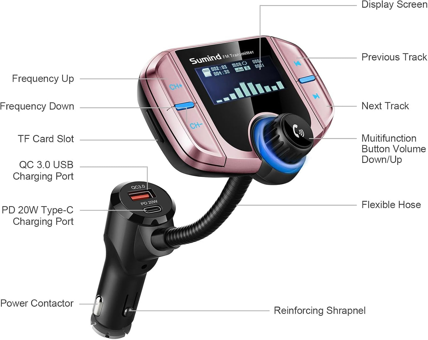 Upgraded Bluetooth FM Transmitter, Wireless Radio Adapter Hands Free Car Kit with 1.7'' Display, QC3.0 and Smart 2.4Amp Dual USB Ports, AUX Input/Output, TF Card Mp3 Player (PD, Rose Gold)