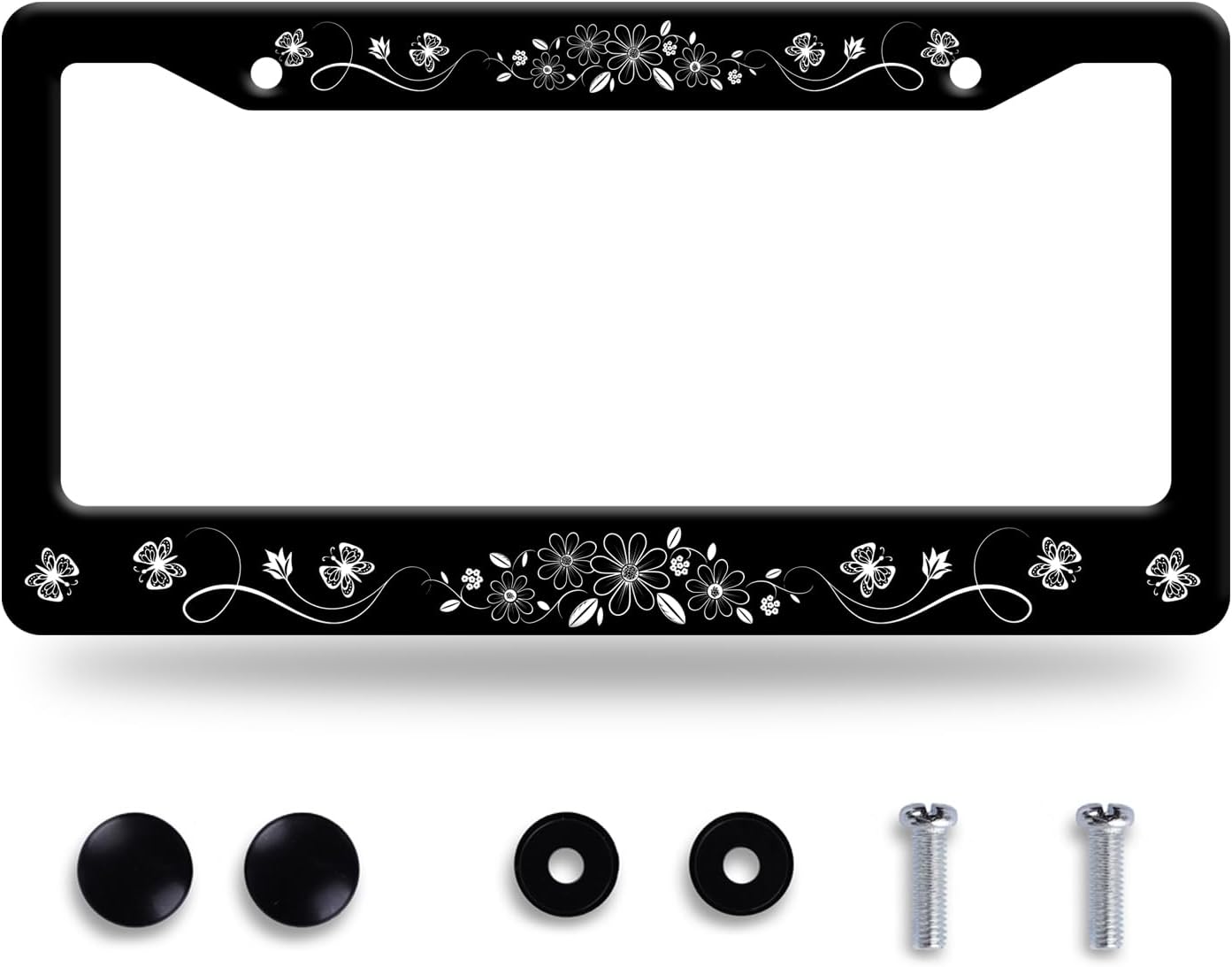 Black White Daisy Butterfly License Plate Frame Flowers License Plate Stainless Steel Funny License Plate Holder Floral Car Accessories With Screws Car Decoration 12.3"x6.3"Fits Standard Vehicles Size