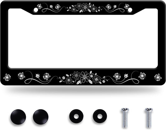 Black White Daisy Butterfly License Plate Frame Flowers License Plate Stainless Steel Funny License Plate Holder Floral Car Accessories With Screws Car Decoration 12.3"x6.3"Fits Standard Vehicles Size