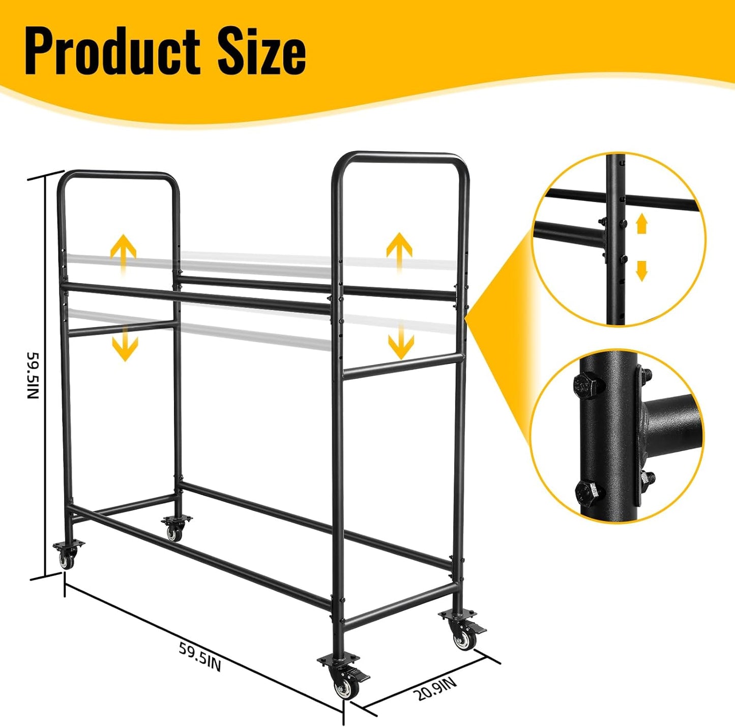 Tire Rack, Adjustable Height Metal Rolling Storage Rack 60" x 59" x 21" for Garage, Warehouse, Indoor Outdoor Use, Holds Firewood & Tires