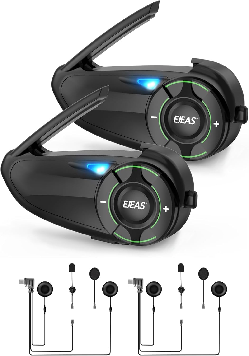 EJEAS Q8 2PC Motorcycle Bluetooth Headset, Upgraded Mesh 3.0 Intercom System with Music Sharing and IP67 Waterproof for 6 Riders Group Talking