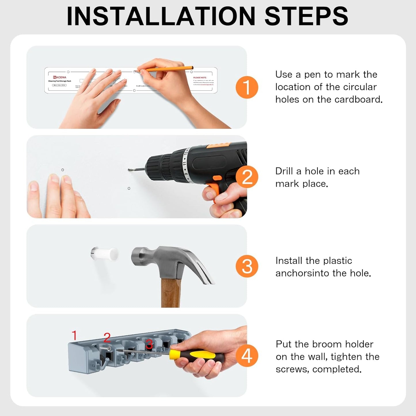 nacena Broom Holder Wall Mount, 2 Packs grey Wall Hanging Garden Tool & Utility Closet Organizer Mop & Broom Hook Wall Mounted Heavy Duty Broom and Mop Organizer Wall Hanging for Bathroom, garage