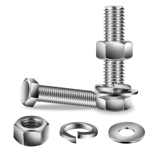 1/4-20 x 2" Hex Head Screw Bolt, Nuts, Flat & Lock Washers, 10Pcs 18-8 (304) Stainless Steel, Fully Threaded, by SG TZH