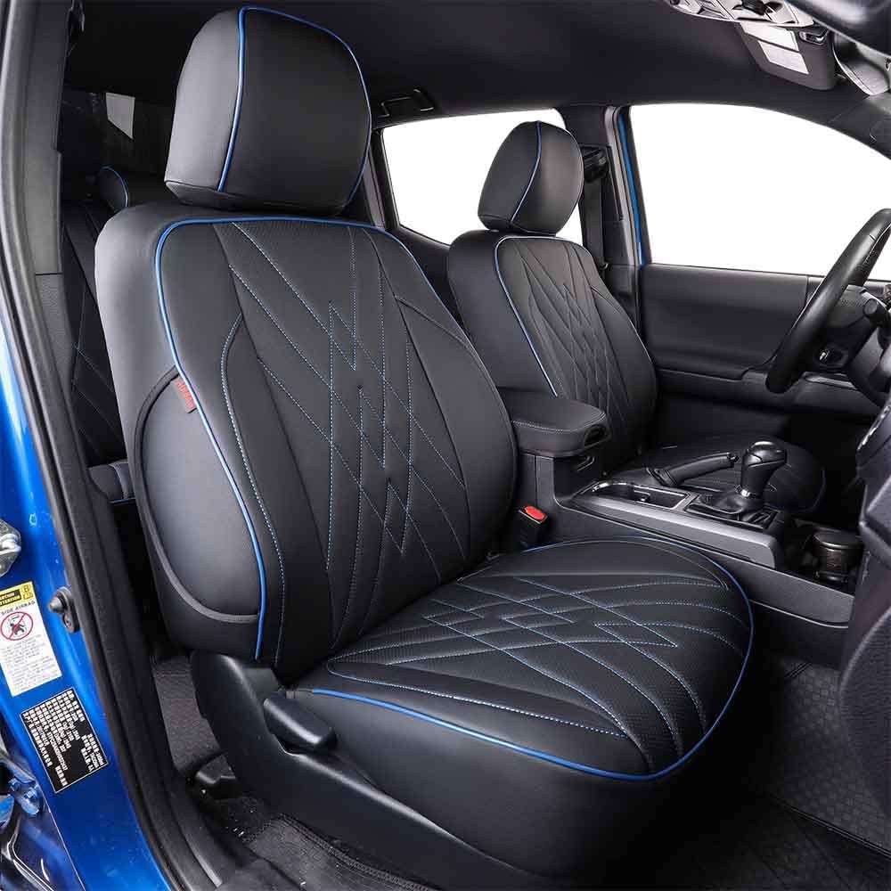 EKR Custom Fit Tacoma Car Seat Covers for Select Toyota Tacoma 2016 2017 2018 2019 2020 2021 2022 2023 Double Cab/Crew Cab -Full Set,Leather (Black with Blue Trim)