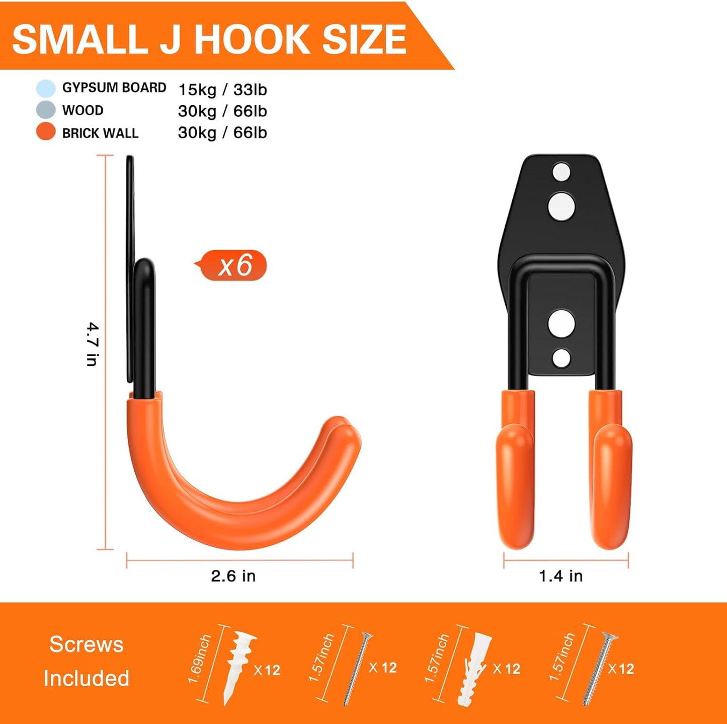 Heavy Duty Garage Hooks 6 Pack, J Shaped Hanger, Wall Mounted Storage System, Power and Garden Tool Organizer, for Hanging Ladders, Bikes Tires, Hose, Bulk Items