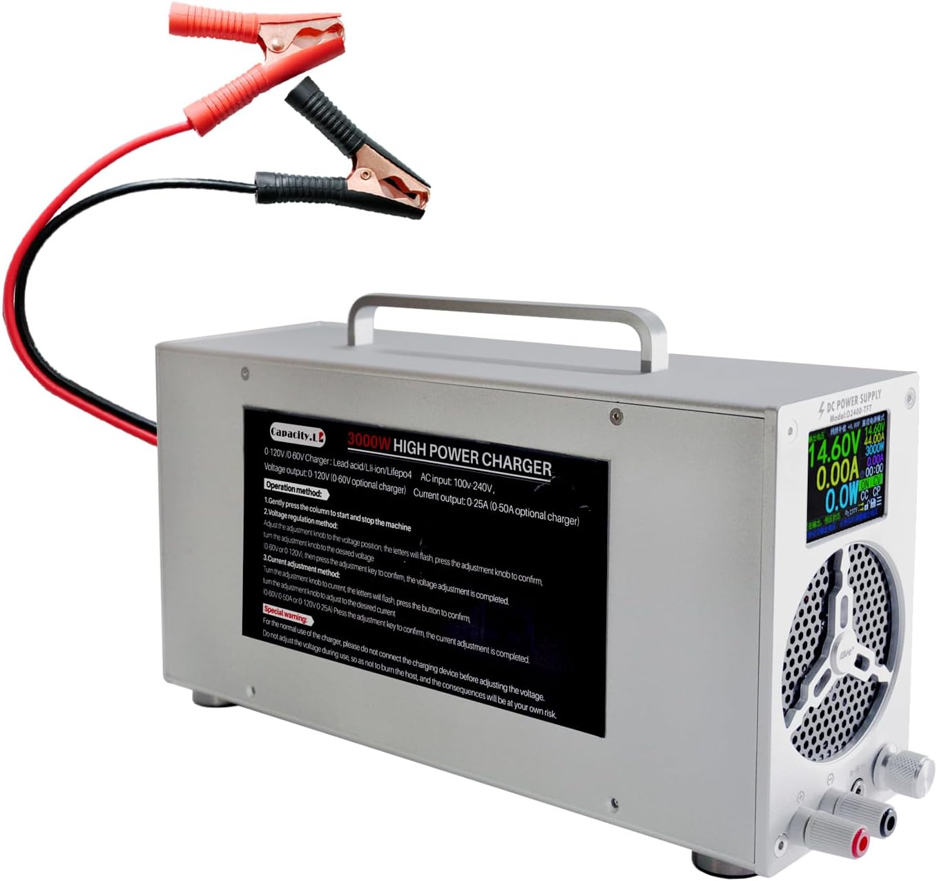 High Power Battery Charger, Upgraded Design LifePO4 Battery Charger, One Click Control Adjustable Current/Voltage Portable Adapter for LiFePO4 Lithium Iron Rechargeable Battery(60V/50A)