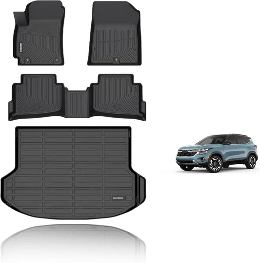 KELCSEECS Floor Mats & Cargo Liner Custom for 2024 2025 2026 Kia Seltos(Cargo Liner Only Fit The Upper Layer),All Weather Protection Anti-Slip TPE Floor Liners Full Set Kia Seltos Accessories Black