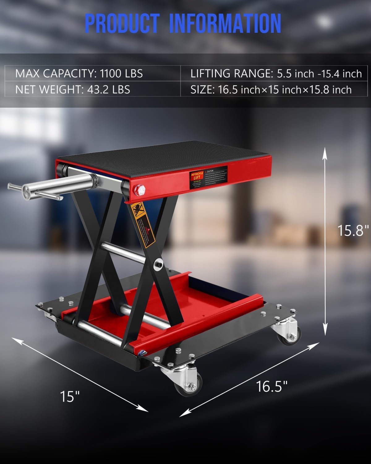 Heavy Duty 1100LBS Motorcycle Scissor Lift Jack with Dolly Wheels, Hand Crank & Non-Slip Platform - Adjustable Bike Lift Stand for Cruiser, Dirt Bike, ATV - Foldable,Garage Repair Equipment
