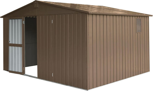IKERY Large Galvanized Steel Storage Shed 11' x 9' with Windows & Lockable Door - Outdoor Garden & Utility Tool Shed for Backyard, Patio - Brown