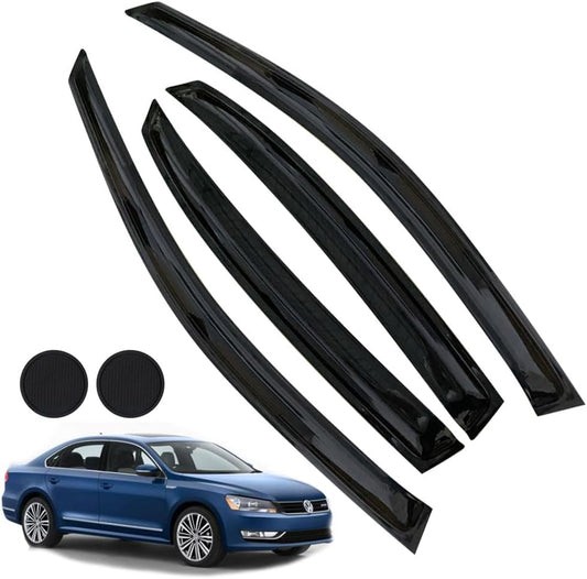 Rain Guards for Volkswagen Passat 2011-2018, Tape-on Side Window Deflectors for Volkswagen Passat, Window Visors for Volkswagen Cars, for Volkswagen Car Accessories 4 Rain Guards ＆ 2 Car Coasters