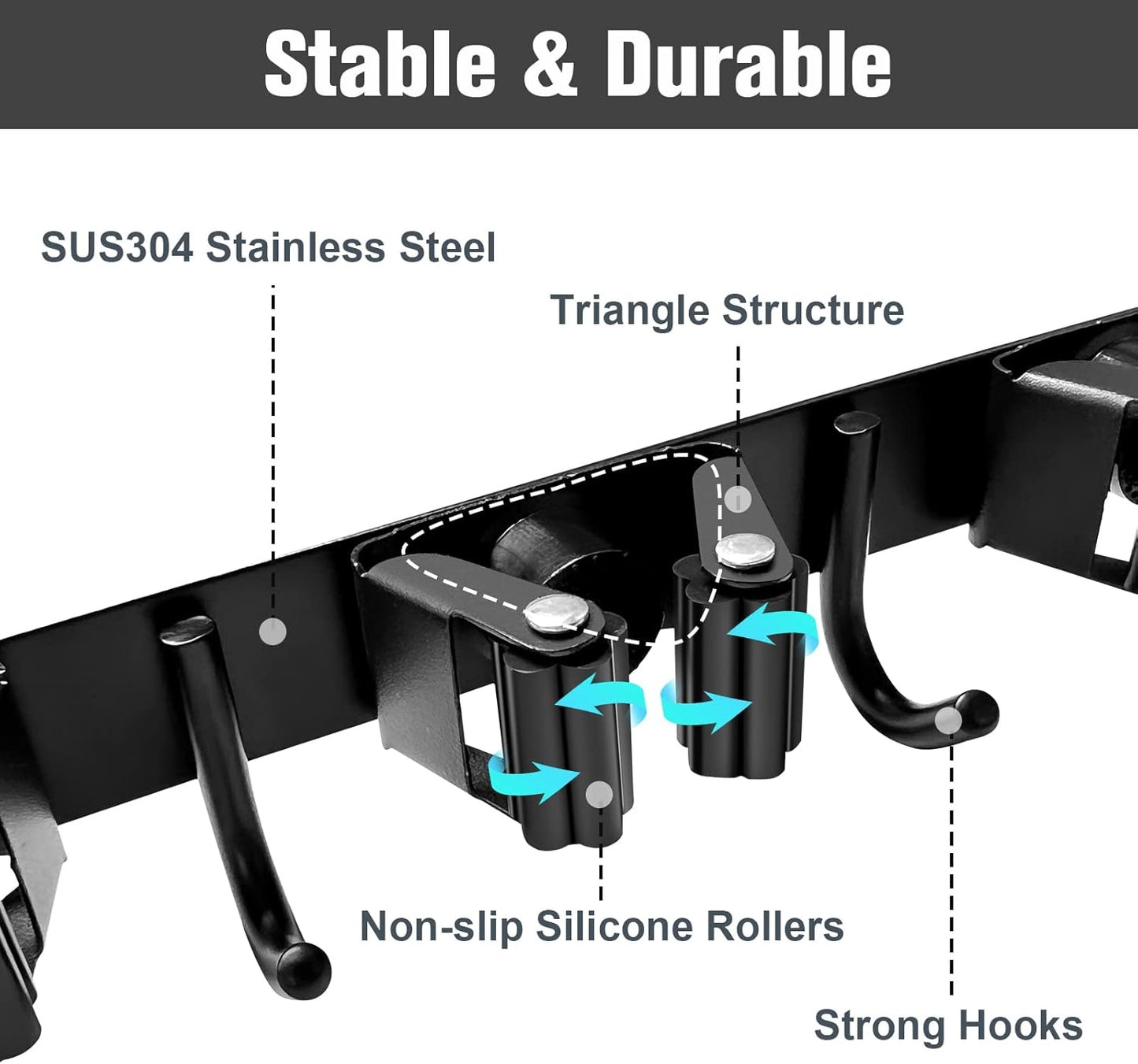 2 Pack Mop and Broom Holder Wall Mount 4 Racks and 5 Hooks Broom Organizer Storage Tool Racks Stainless Steel Heavy Duty Hooks for Home Kitchen Garden Laundry Garage