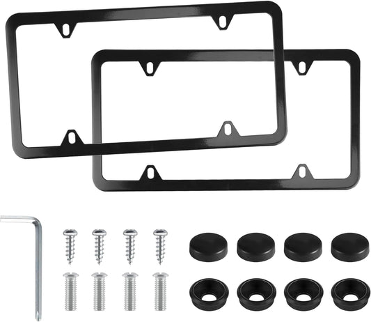 LivTee 4 Holes Stainless Steel License Plate Frames, 2 PCS Car Licence Plate Covers, Automotive Exterior Accessories Slim Design with Bolts Washer Caps for US Vehicles, Black