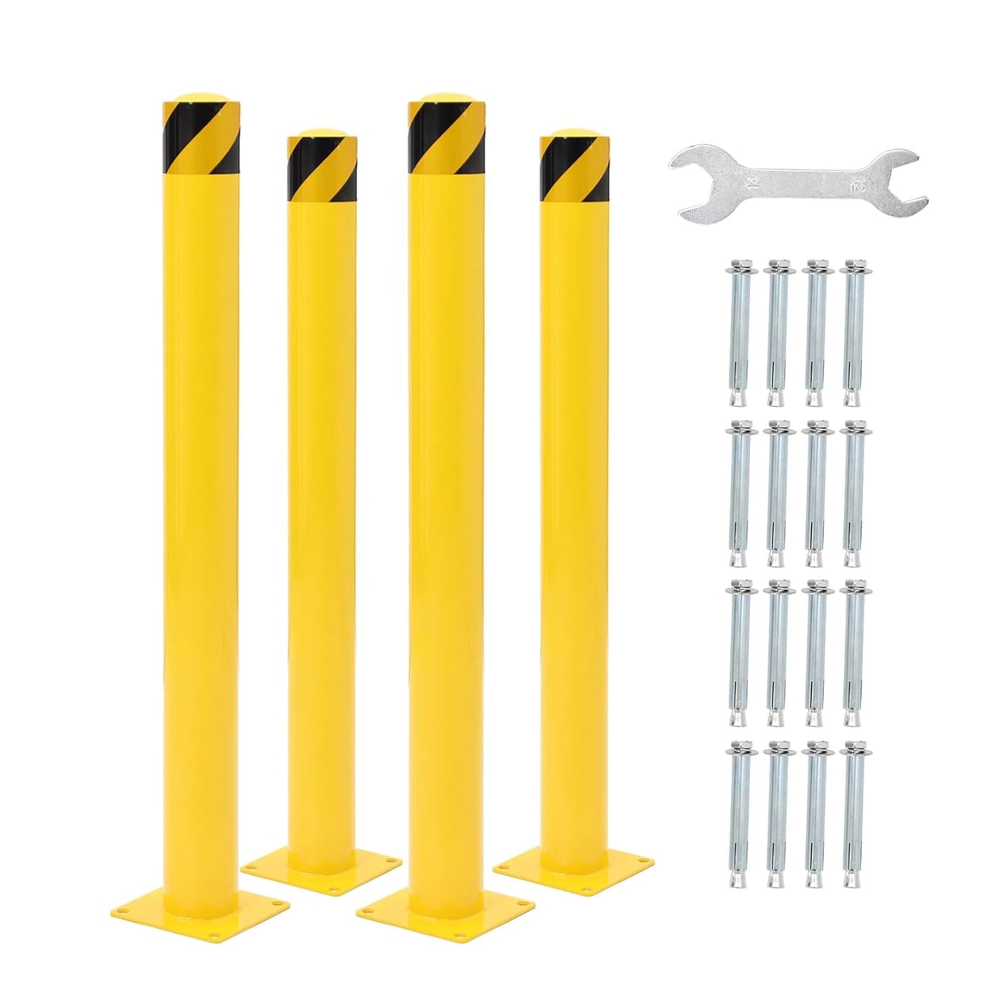Safety Bollard 4 Packs, 42 Inch Height Steel Bollard Post for Parking Lot, 4.5 Inch Diameter Pipe, Yellow Safety Bollard Post with 16 Anchor Bolts, Ideal for Traffic-Sensitive Areas, Driveway Barrier