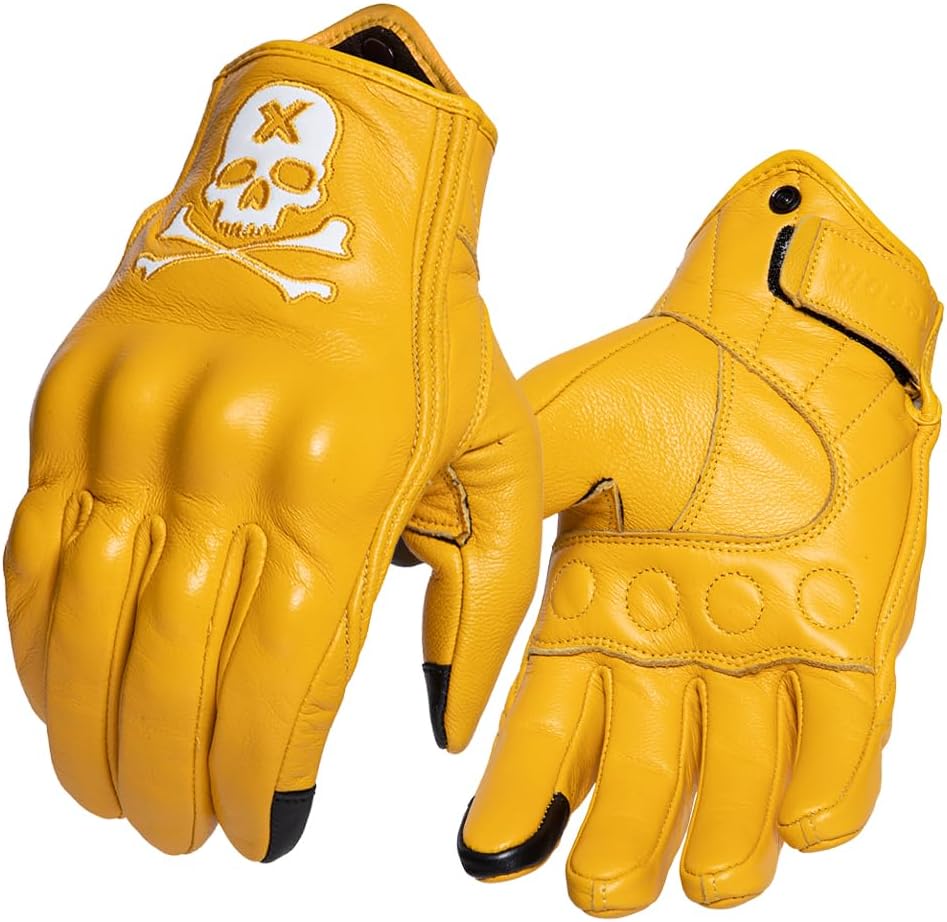 Goatskin Leather Motorcycle Motorbike Powersports Racing Gloves Reflective Skull Touchscreen for Men and Women Model