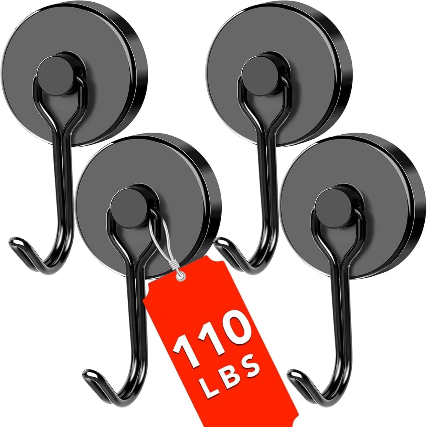 DIYMAG Black Magnetic Hooks,110LBS Strong Magnetics Heavy Duty, Magnet Hook with Metal Hanger for Hanging Refrigerator Home Kitchen Office, 4Pack