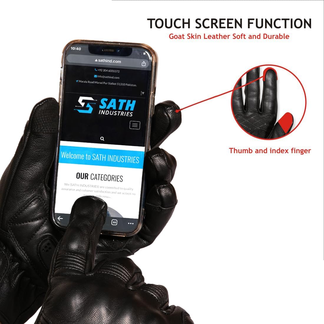 Leather Motorcycle Gloves for Men and Women | Touchscreen | Full Finger | Goatskin Leather Hard Knuckle Motorcycle Riding Gloves (Un-Perforated, Large)