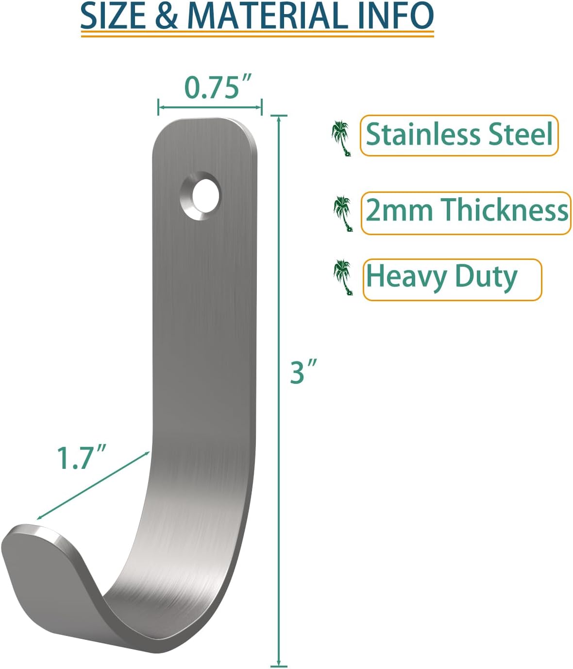 Hooks for Hanging Stainless Steel Heavy Duty Coat Hook Wall Hooks Robe Hanger Hooks Hanging Hat Key Holder for Towel, Bag Indoor Outdoor (Silver-U Shaped, 3X1.8inch,8pcs)