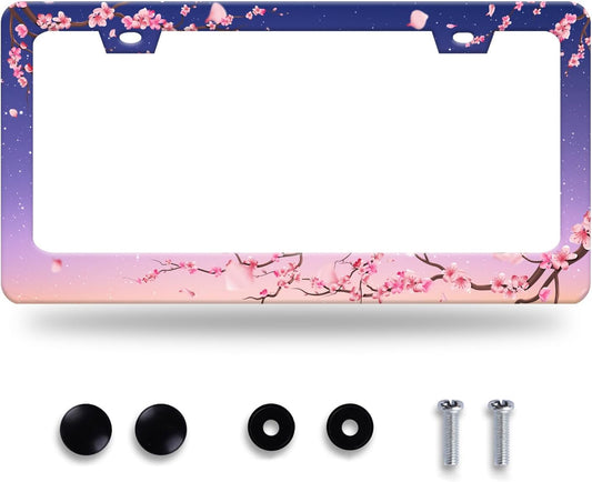 Cherry Blossom License Plate Frame Pink Flowers Floral License Plate Stainless Steel Funny License Plate Holder Women Car Accessories Decoration with Screws Fits Standard Vehicles Size 12.3" x 6.3"