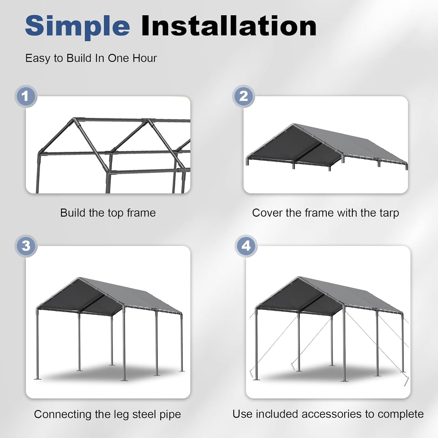 10x20ft Portable Car Tent Garage with UV Resistant Canopy, Easy to Assemble Portable Garage, Stable Carport for Car, Bike, Camp, Outdoor Storage (Grey)
