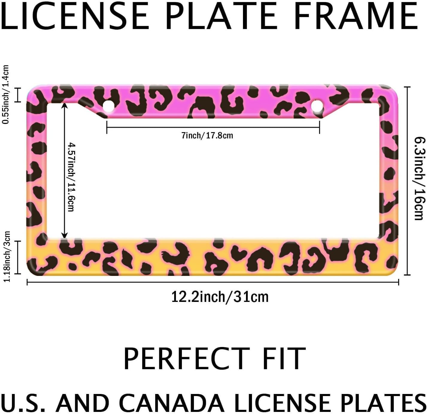 Gradient Color Leopard Print License Plate Frame Cheetah Print Tags Frames Holder Covers Metal Aluminum Rustproof Cute Car Accessories for Us Canada Standard Women Men 2 Holes with Screw Caps