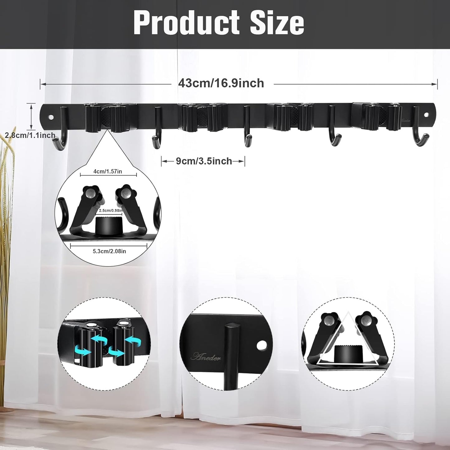 2 Pack Mop and Broom Holder Wall Mount 4 Racks and 5 Hooks Broom Organizer Storage Tool Racks Stainless Steel Heavy Duty Hooks for Home Kitchen Garden Laundry Garage