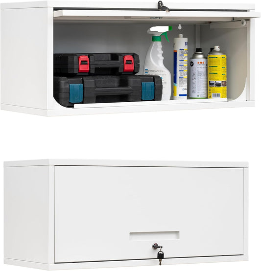 Yizosh Metal Wall Cabinet with Doors, Wall Mounted Storage Cabinet - Floating Tool Cabinet for Kitchen, Basement, Warehouse (White, 13.7" H)