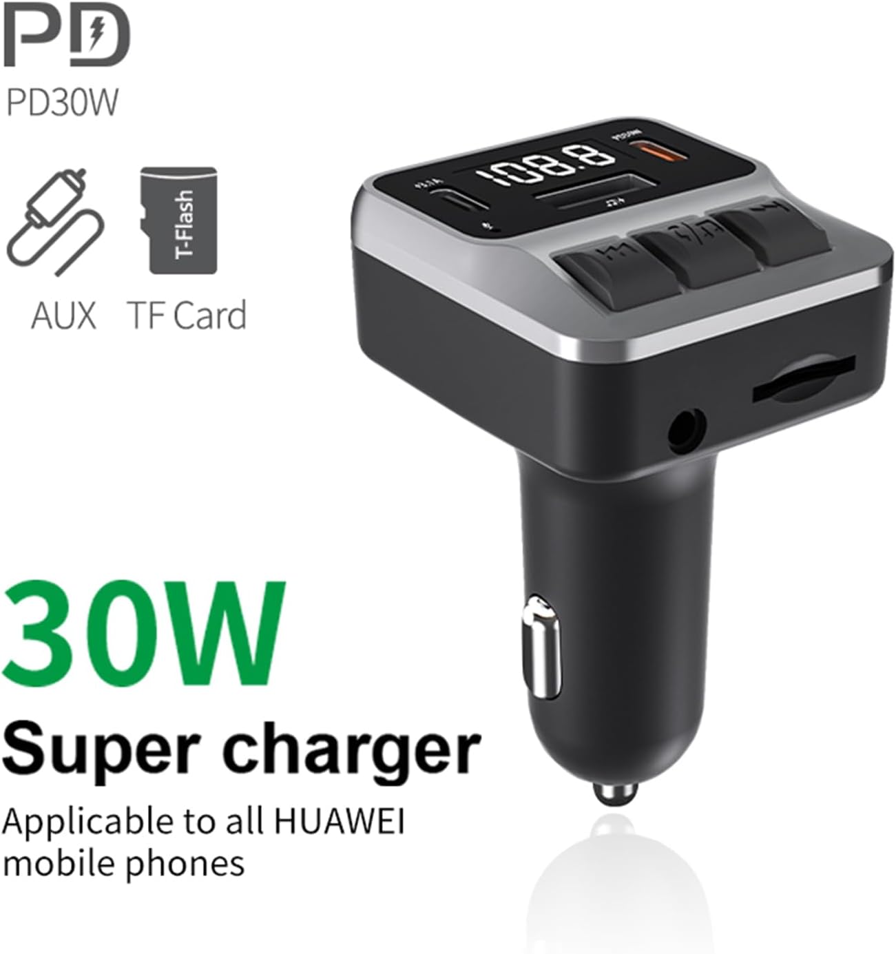 Car Bluetooth 5.3 FM Transmitter，with Dual PD 30W Type-C Car Fast Charging and Support USB Port Bluetooth Adapter, Hands-Free Calling，Support AUX, TF Card，U Disk(C65)