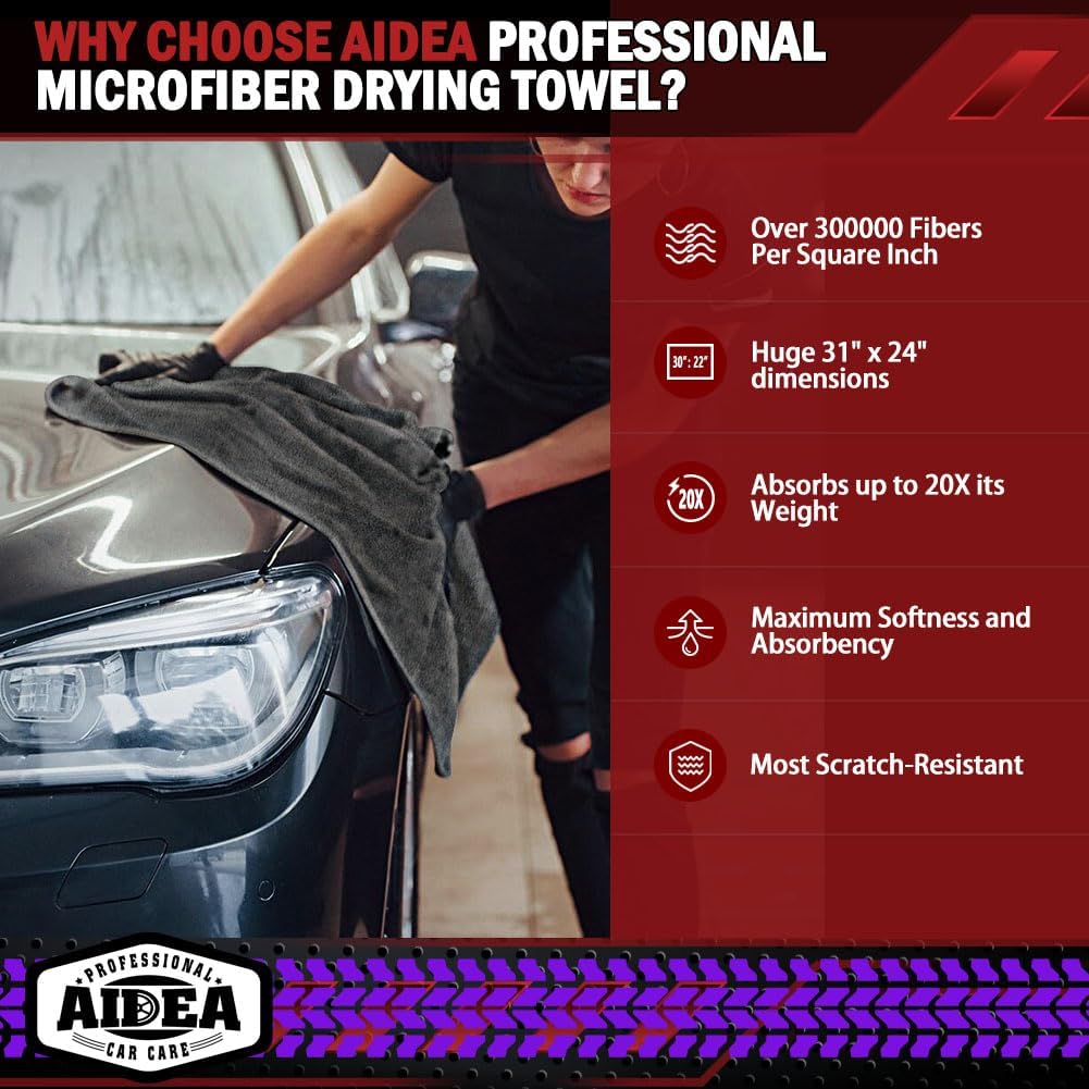 AIDEA Microfiber Towels for Cars-4PK, Large Professional Car Drying Towel, Scratch-Free & Absorbent Drying Towel for Cars, SUVs, RVs, Trucks, and Boats, 24inx 31in, Grey
