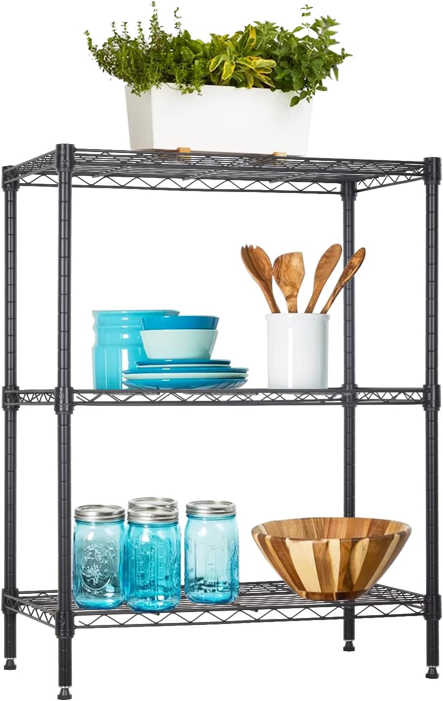 BestOffice 3-Shelf Adjustable Metal Storage Shelves Wire Shelving Unit Organizer Wire Rack 450Lbs Capacity for Small Places Kitchen Garage 23Lx13.2Wx30.2H,Black