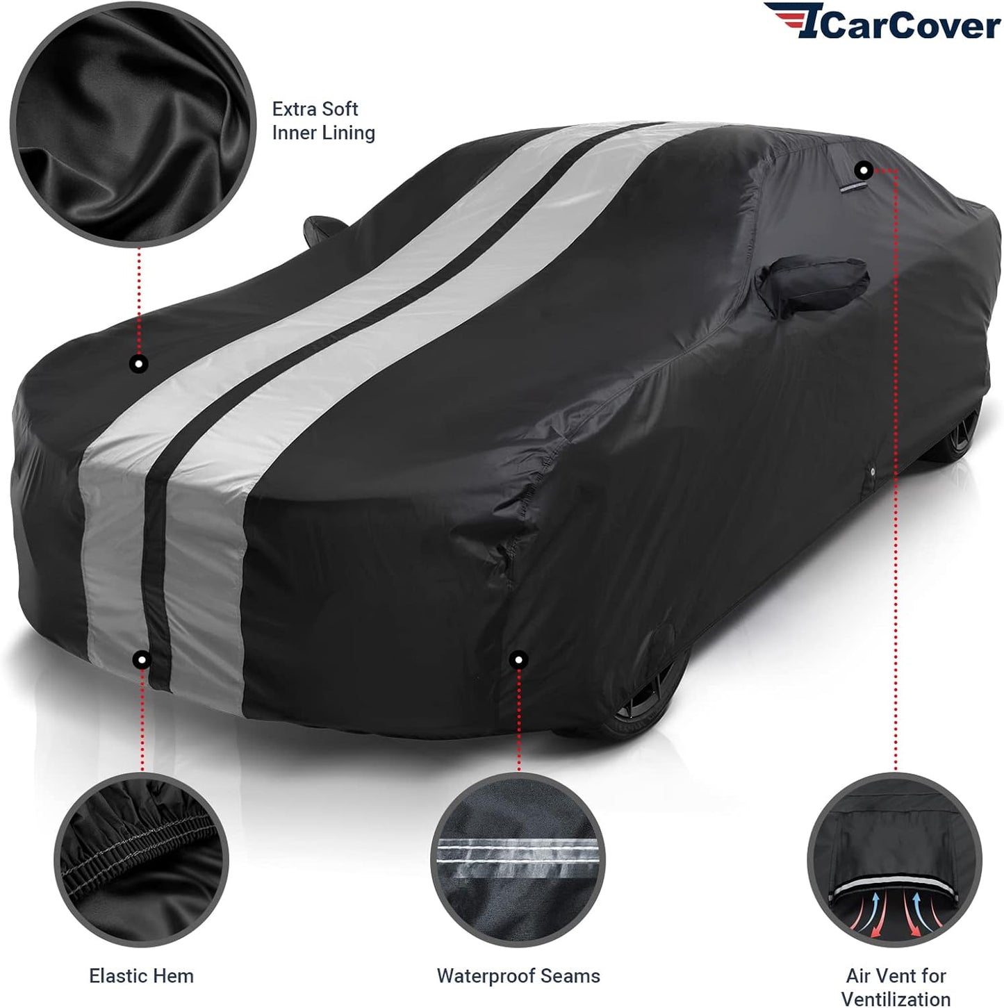 iCarCover Custom Car Cover for 1993-2002 Chevy Camaro STD, Z28, SS Waterproof All Weather Rain Snow UV Sun Protector Full Exterior Indoor Outdoor Car Cover (Stripe - Black/Gray)